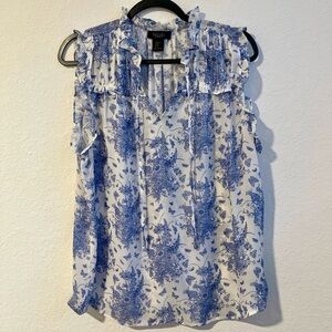 RACHEL Rachel Roy White & Blue Floral Ruffle Sleeveless Top